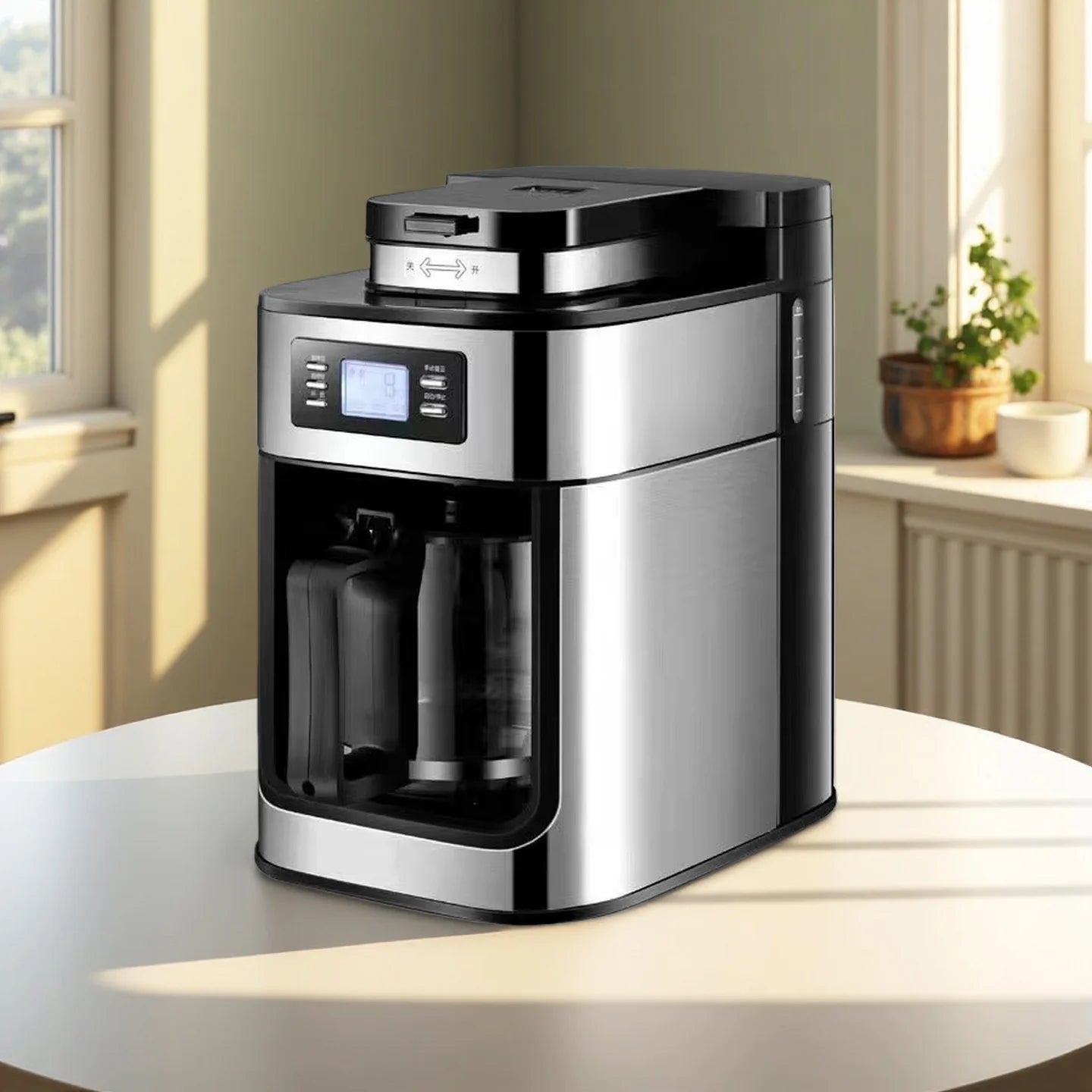 Machine à café automatique en acier inoxydable avec broyeur intégré, style américain, compact, idéal pour la cuisine, le bureau ou l'hôtel.