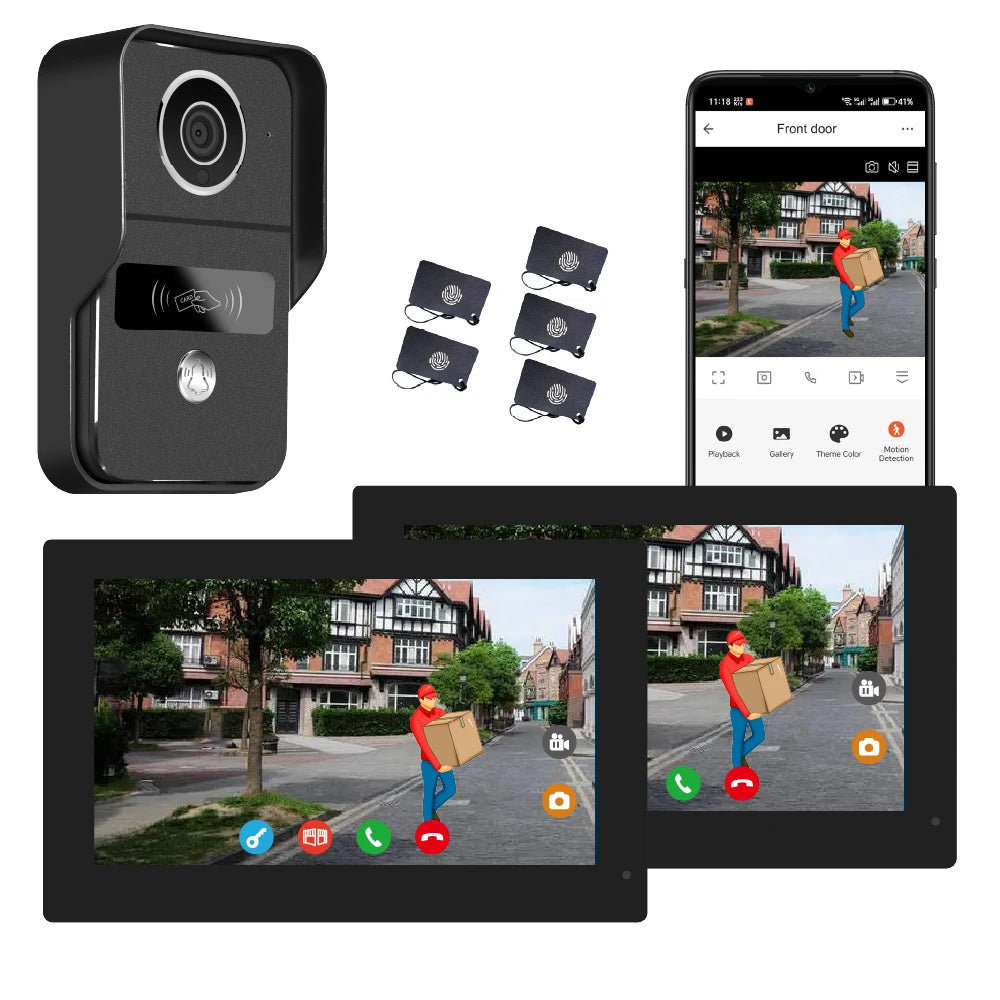 Système d'interphone vidéo filaire avec 2 caméras et 2 moniteurs, écran tactile 7 pouces, déverrouillage à distance et communication bidirectionnelle.