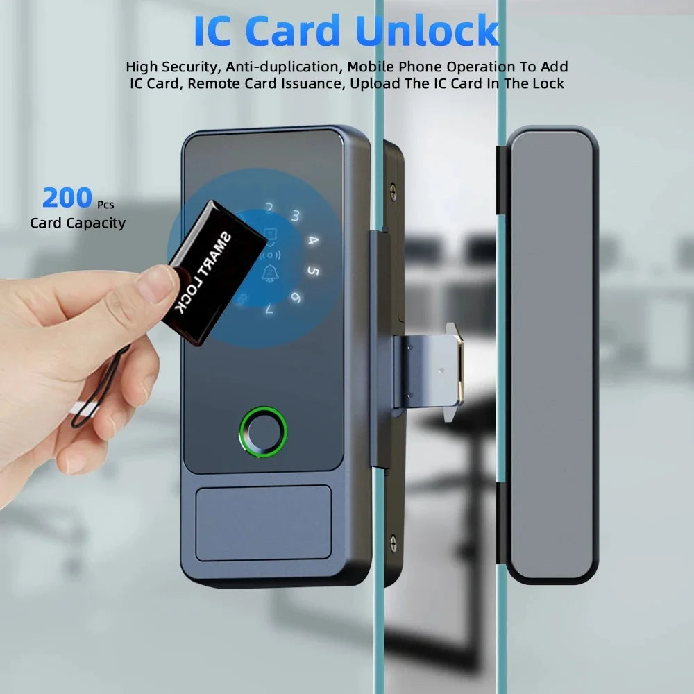 Serrure connectée Tuya Wifi pour porte en verre, déverrouillage par empreinte numérique, application, carte à puce ou mot de passe.