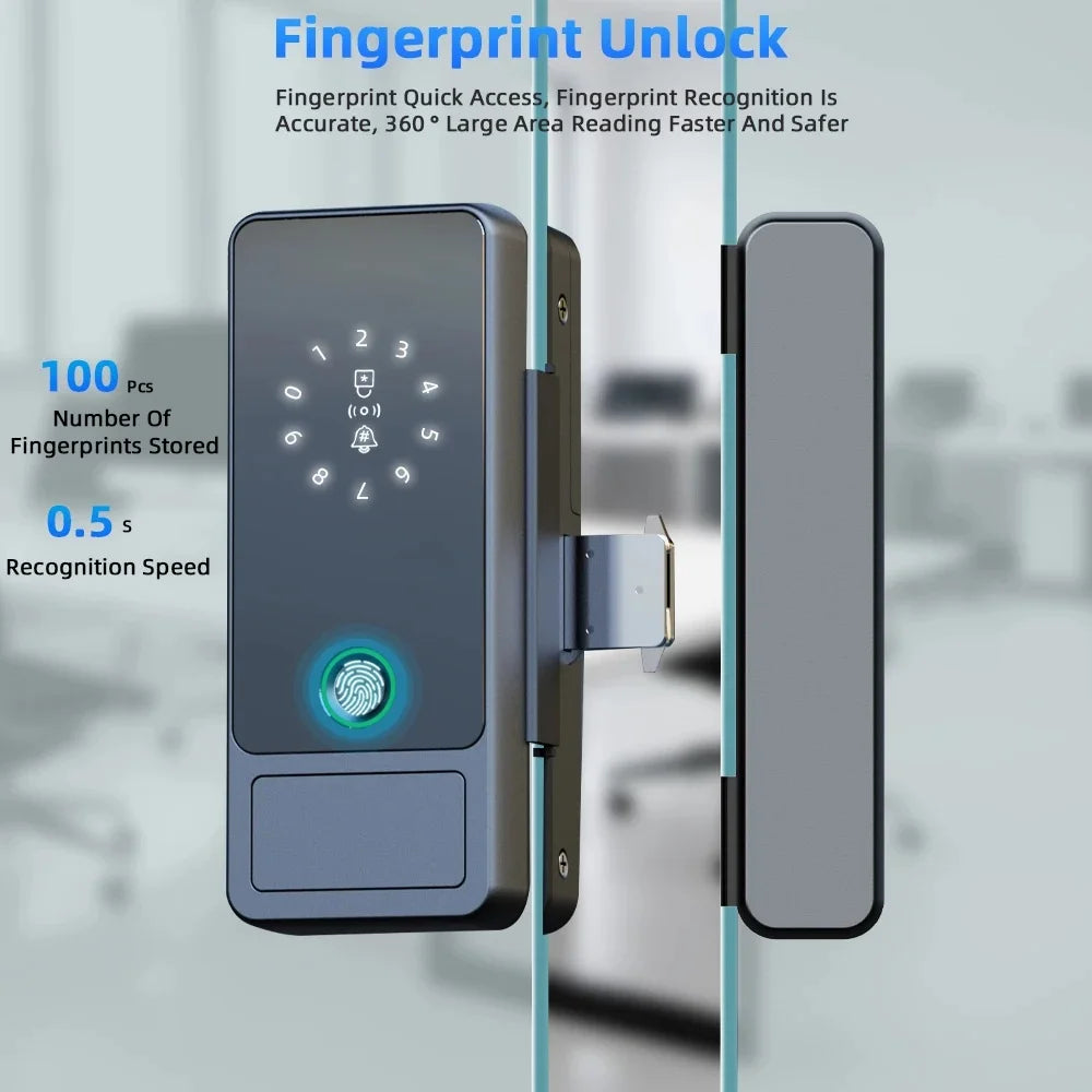 Serrure connectée Tuya Wifi pour porte en verre, déverrouillage par empreinte numérique, application, carte à puce ou mot de passe.