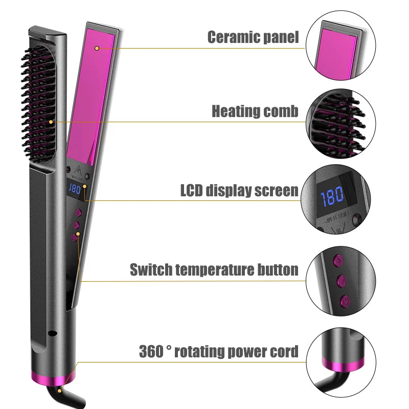 Brosse Soufflante Air Chaud LCD | Peigne Électrique Ions Négatifs, Lissage, Boucles et Volume Portable