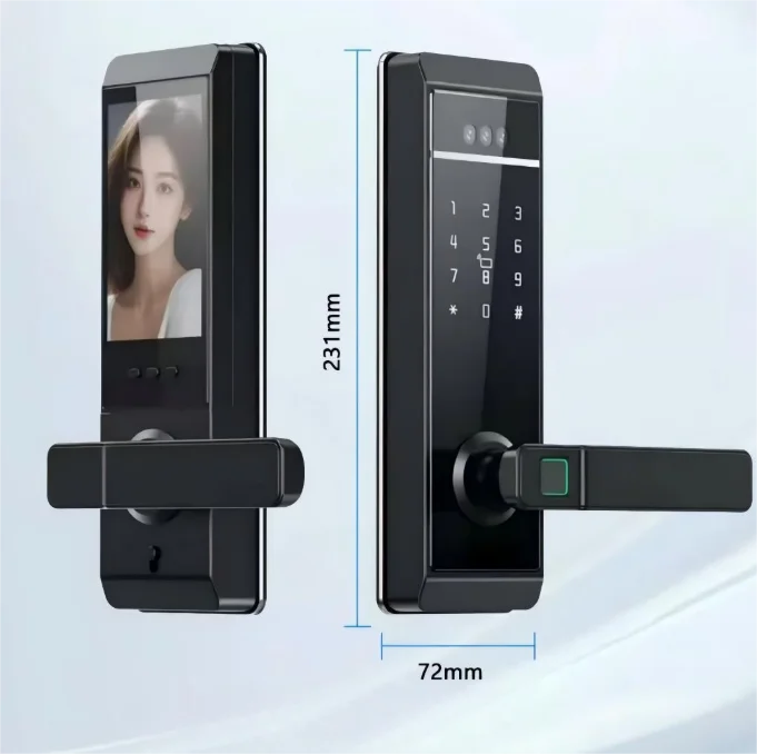 Serrure de porte d'entrée intelligente Tuya avec reconnaissance faciale et empreinte numérique, stockage cloud et sonnette intégrée pour aluminium, bois, verre et acier