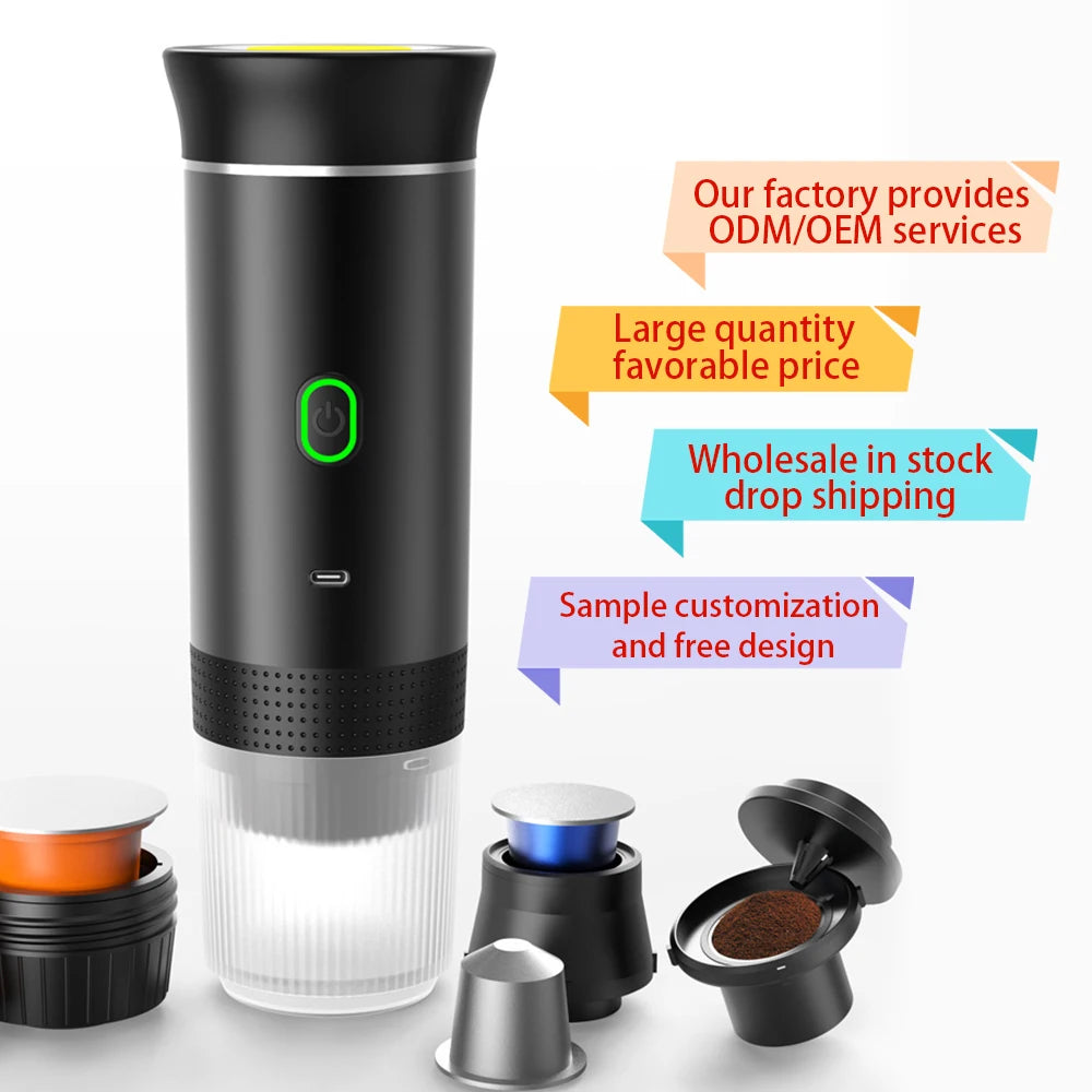 Machine à café à capsules portable 3 en 1, compacte et multifonctionnelle, idéale pour les voyages et les activités de plein air.