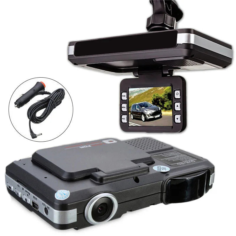 Détecteur de radar 2-en-1 avec écran tactile 1080p, capteur G, caméra embarquée avec alarme de survitesse à 170° et interface multilingue.