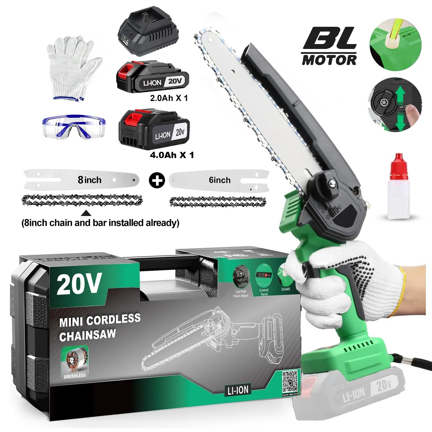 Tronçonneuse sans fil 20 V, mini-bâtiment industriel, sans balais, pour le bricolage, idéale pour le bois. Guide-chaîne de 15 ou 20 cm. Alimentation par batterie. Disponible en entrepôt local aux États-Unis.