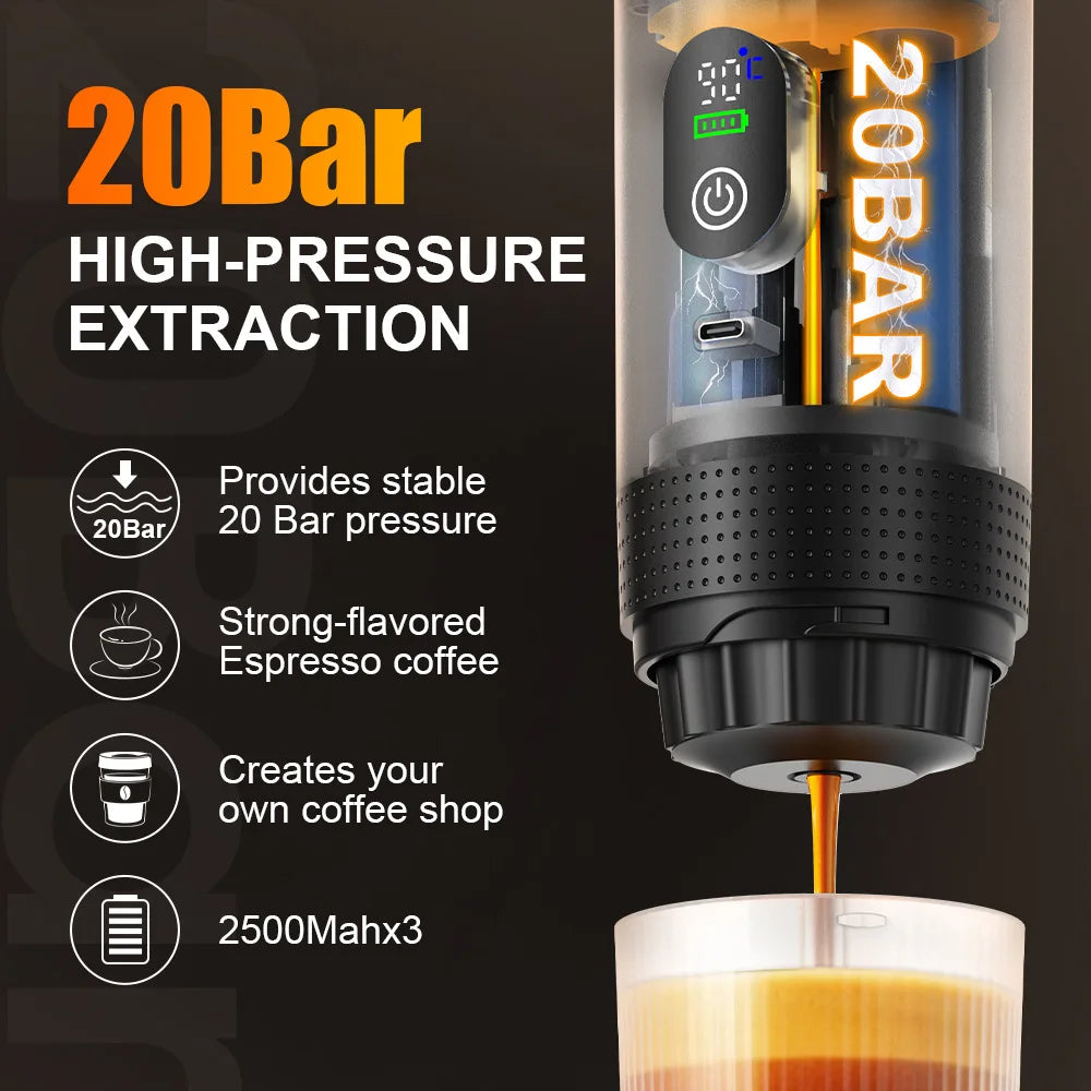 Machine à expresso portable 3 en 1 à chauffage automatique, semi-automatique, pour usage domestique et extérieur, facile à nettoyer.