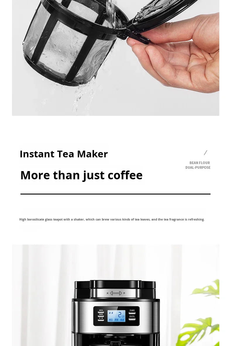Machine à café automatique en acier inoxydable avec broyeur intégré, style américain, compact, idéal pour la cuisine, le bureau ou l'hôtel.