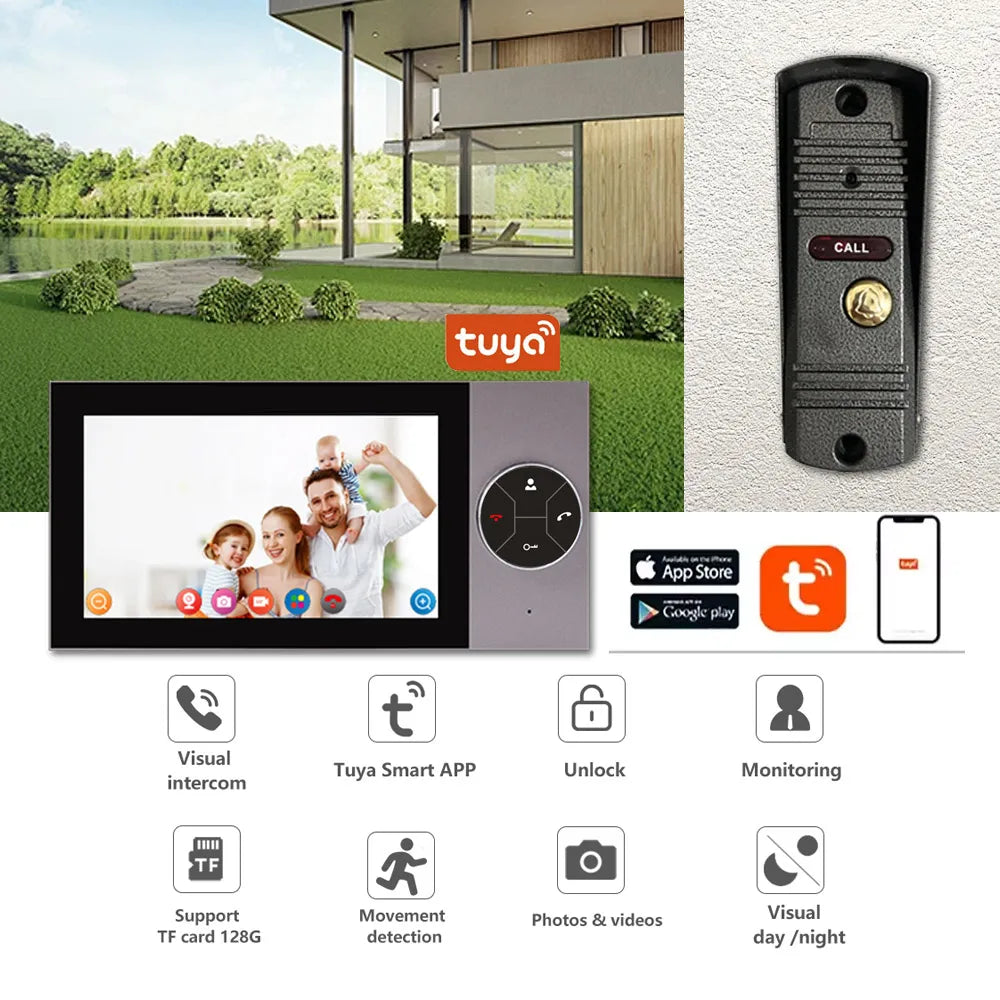 Sonnette Vidéo 1080p avec Écran 7" | Interphone Wi-Fi, Application Tuya et Contrôle par Smartphone
