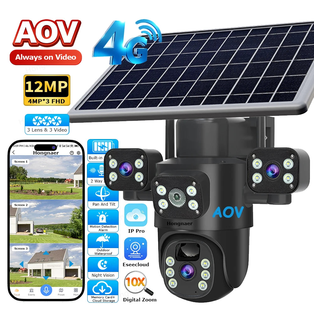 Caméra solaire PTZ 4G AOV Q1, 12 MP, IP65, audio bidirectionnel, Eseecloud, enregistrement 24/7