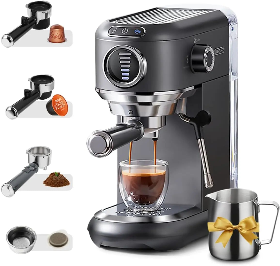 Machine à expresso électrique CAFELFFE MK-601F 4 en 1 en acier inoxydable avec mousseur à lait, pression 20 bars, compatible avec les dosettes /D*/ESE
