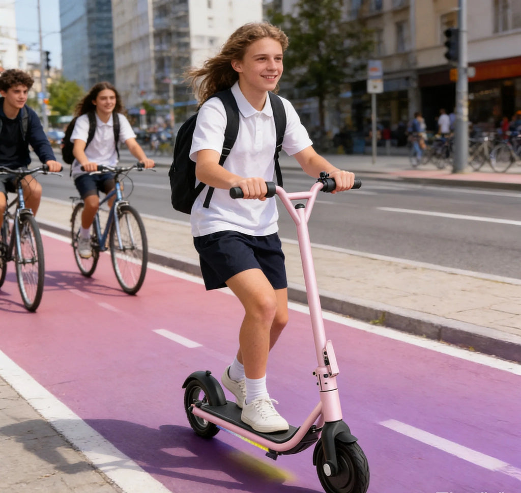 Trottinette électrique ONYX Safe pour enfants (hauteur sous guidon : 103 cm, vitesse maximale : 15 km/h), musique intégrée et lumières LED. Idée cadeau pour enfants.