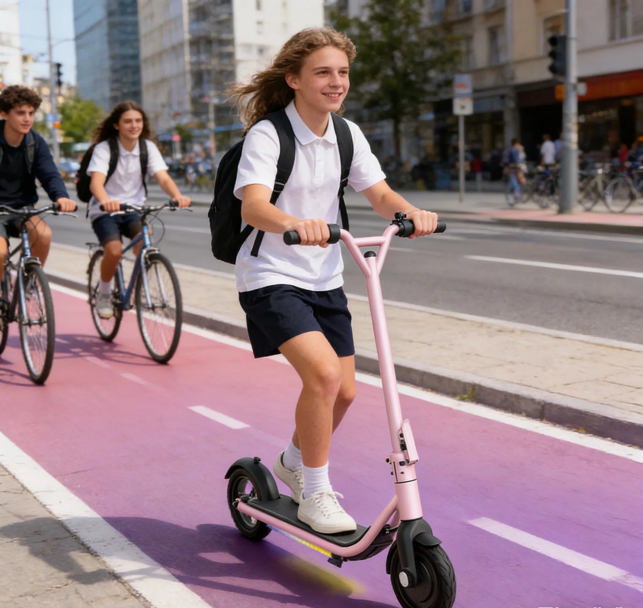 Trottinette électrique ONYX Safe pour enfants (hauteur sous guidon : 103 cm, vitesse maximale : 15 km/h), musique intégrée et lumières LED. Idée cadeau pour enfants.