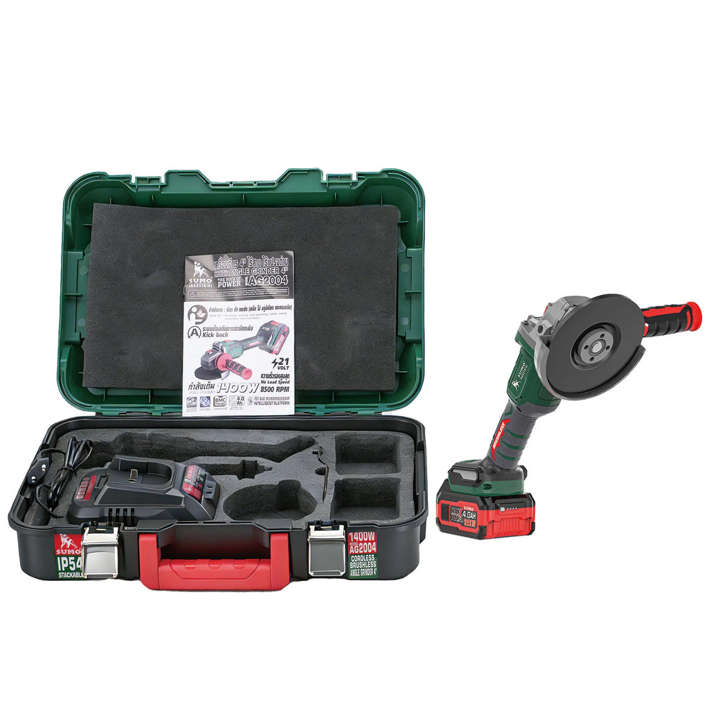 Meuleuse d'angle sans fil SUMO INDUSTRIAL 21 V 1400 W, sans balais, pour travaux intensifs, batterie lithium 4,0 Ah, meulage et découpe des métaux