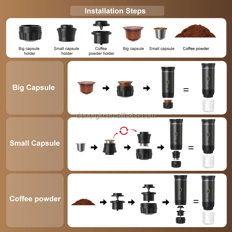 Machine à café à capsules portable 3 en 1, compacte et multifonctionnelle, idéale pour les voyages et les activités de plein air.