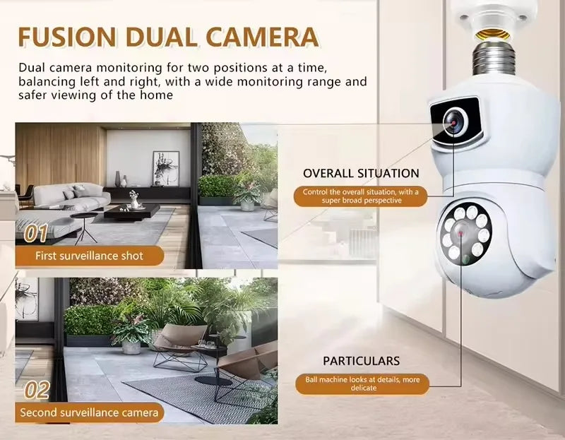 Caméra de vidéosurveillance V380 PRO E9 à double objectif CMOS 1080p avec prise en charge WiFi, carte mémoire et caméra PTZ intégrée à une ampoule.