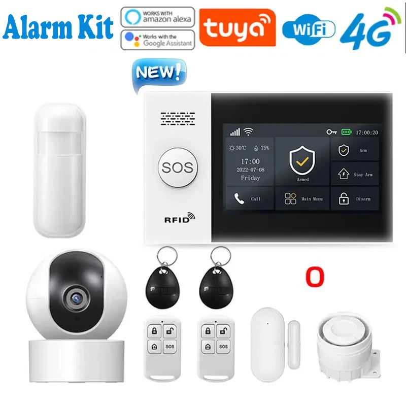 Système d'alarme de sécurité pour maison connectée Tuya, compatible GSM avec écran tactile, 4G, Wi-Fi et 433 MHz, matériau ABS, contrôlable via Alexa et l'application Smart Life.