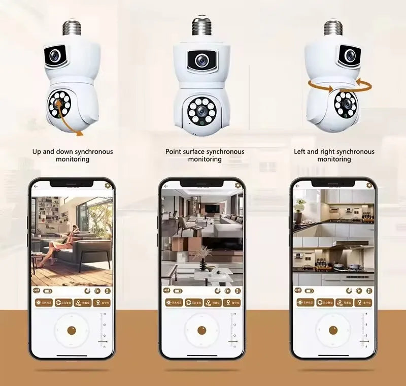 Caméra de vidéosurveillance V380 PRO E9 à double objectif CMOS 1080p avec prise en charge WiFi, carte mémoire et caméra PTZ intégrée à une ampoule.