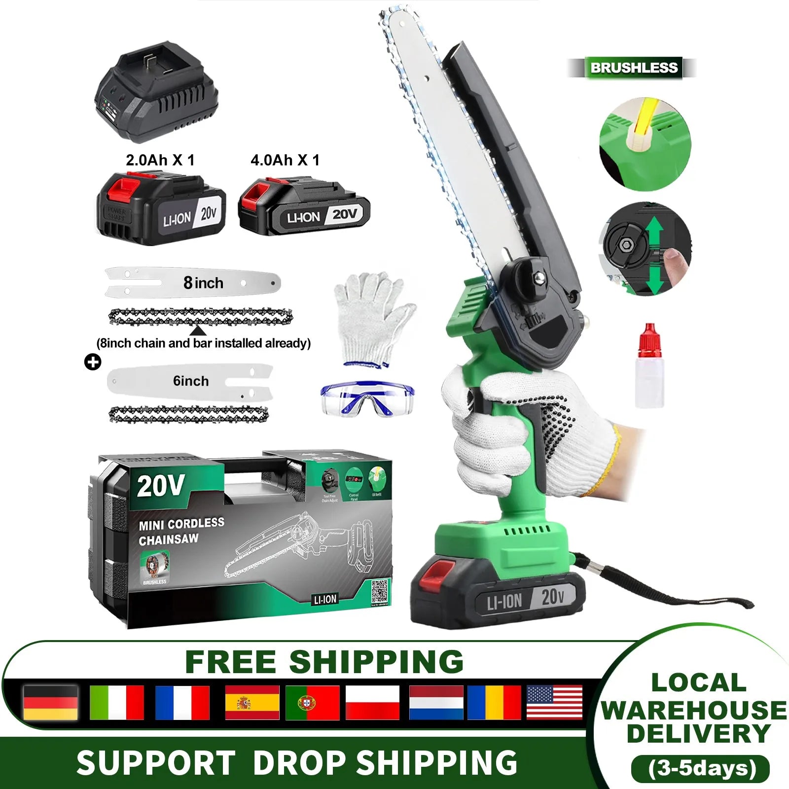 Tronçonneuse sans fil 20 V, mini-bâtiment industriel, sans balais, pour le bricolage, idéale pour le bois. Guide-chaîne de 15 ou 20 cm. Alimentation par batterie. Disponible en entrepôt local aux États-Unis.