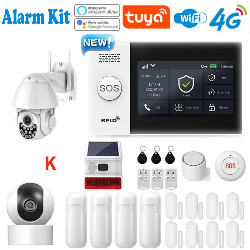 Système d'alarme de sécurité pour maison connectée Tuya, compatible GSM avec écran tactile, 4G, Wi-Fi et 433 MHz, matériau ABS, contrôlable via Alexa et l'application Smart Life.