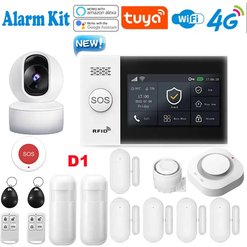 Système d'alarme de sécurité pour maison connectée Tuya, compatible GSM avec écran tactile, 4G, Wi-Fi et 433 MHz, matériau ABS, contrôlable via Alexa et l'application Smart Life.