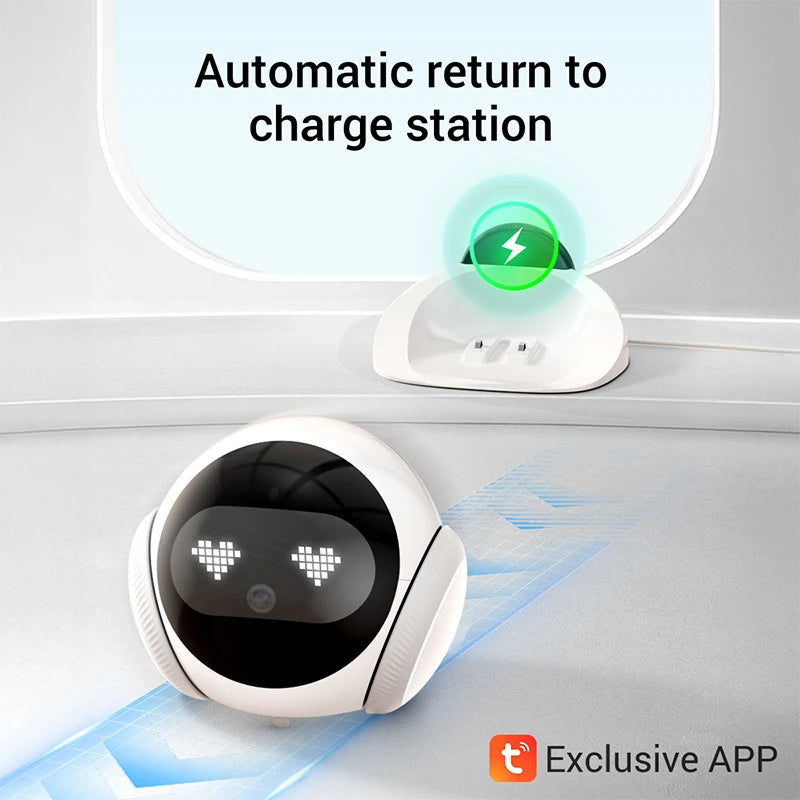 Robot domestique intelligent avec intelligence artificielle, protection et sécurité mobiles à 360°, surveillance des enfants et des personnes âgées, interaction avec les animaux domestiques, jouet laser, contrôle via application, charge automatique