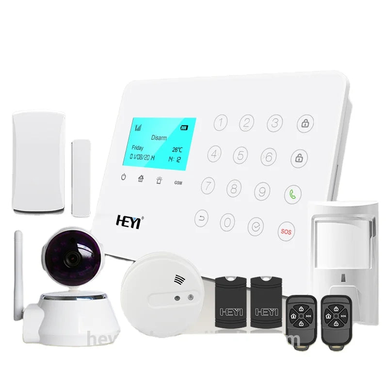 Alarme antivol sans fil GSM blanche HEYI avec détecteur de fumée 868 MHz et 433 MHz Z-Wave, garantie 2 ans et 8 heures.