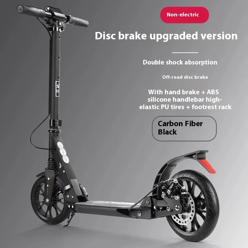 Trottinette adulte DomeRide pliable de haute qualité avec roues en PU, jantes en alliage d'aluminium, amortisseurs et selle réglable en hauteur. Frein à disque.