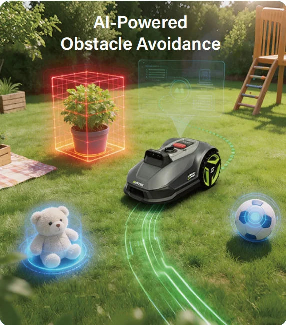 Tondeuse robotisée SRM4050 Vision AI Pro sans fil, batterie, sans limites, avec évitement d'obstacles par IA, contrôle via application, étanche IPX6, portée jusqu'à 500 m.