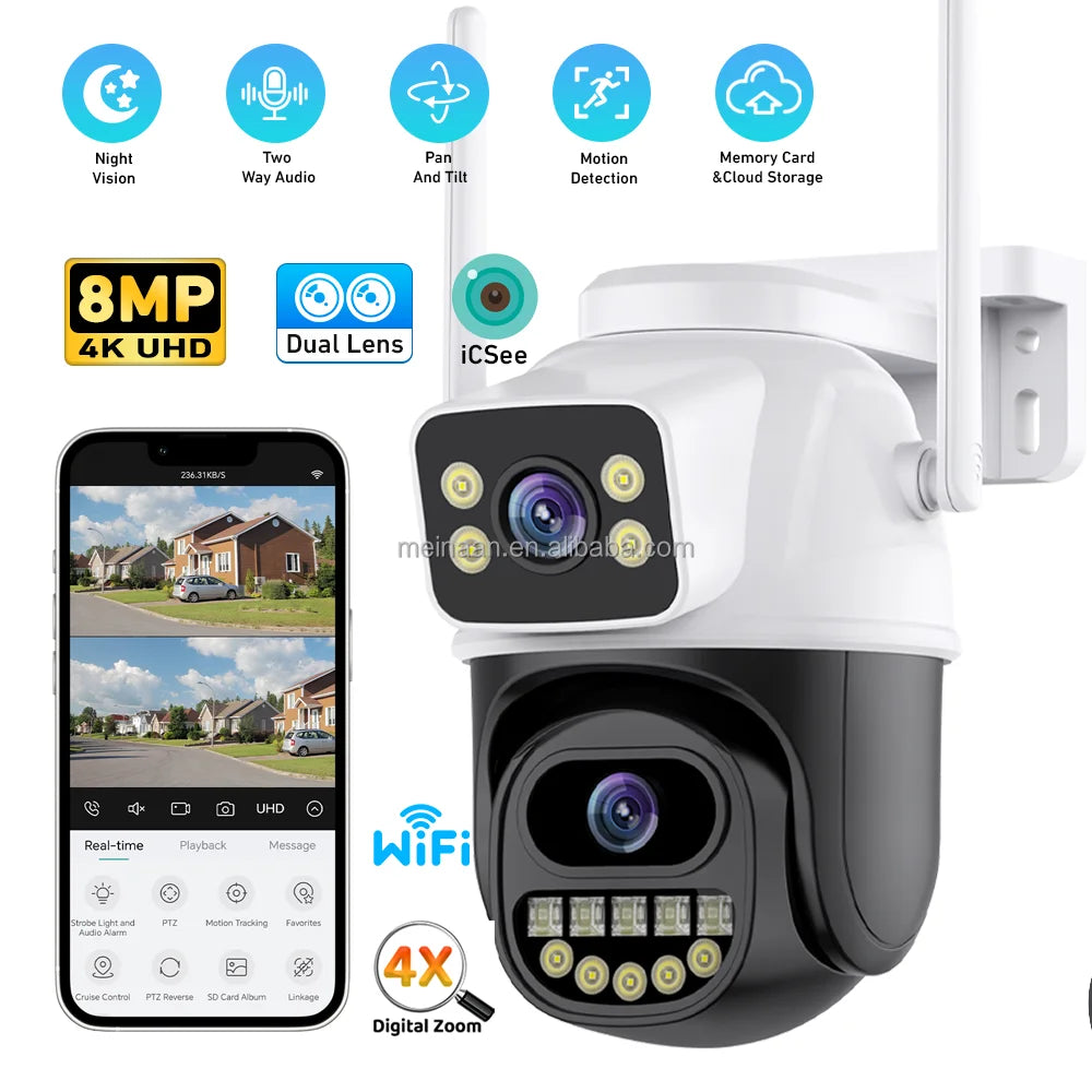 Caméra de sécurité IP PTZ 4K sans fil WiFi extérieur 8MP en stock, application ICSee, double objectif, caméra de surveillance WiFi domestique