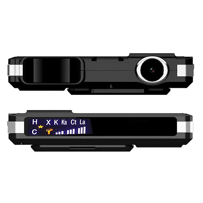 Détecteur de radar 2-en-1 avec écran tactile 1080p, capteur G, caméra embarquée avec alarme de survitesse à 170° et interface multilingue.