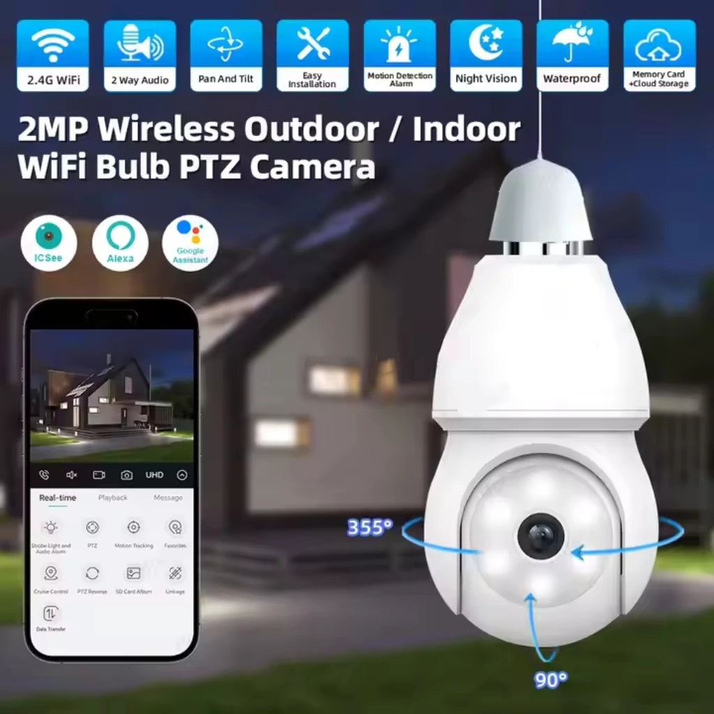 Caméra ampoule PTZ WiFi HIKWIFI, 360°, IP66, audio bidirectionnel, vision nocturne, iCSee