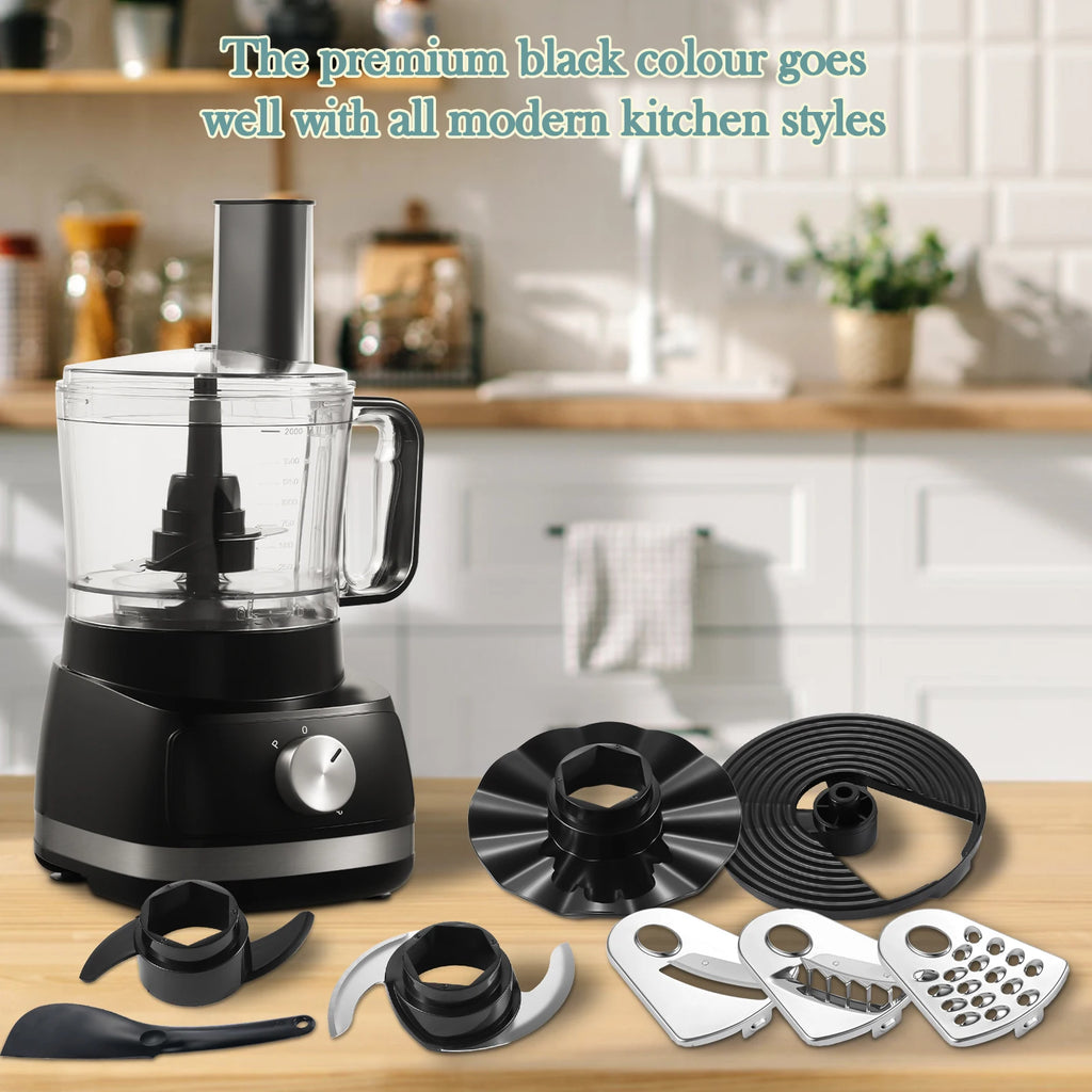 Robot culinaire multifonction 6 en 1 : hacher, trancher, râper et pétrir la pâte.