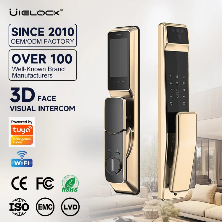 Serrure de porte biométrique numérique UIELOCK QB40 avec reconnaissance faciale et veines de la paume, empreinte numérique et connexion Wi-Fi Tuya, caméra et sonnette intégrées.