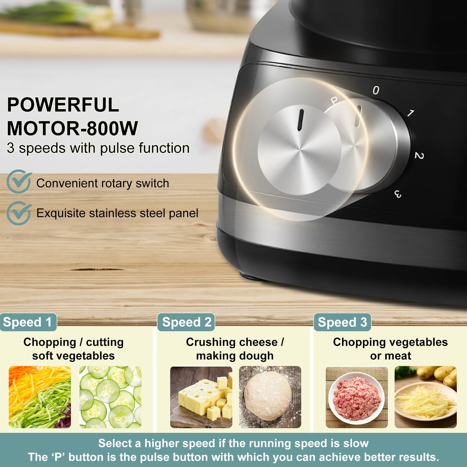 Robot culinaire multifonction 6 en 1 : hacher, trancher, râper et pétrir la pâte.