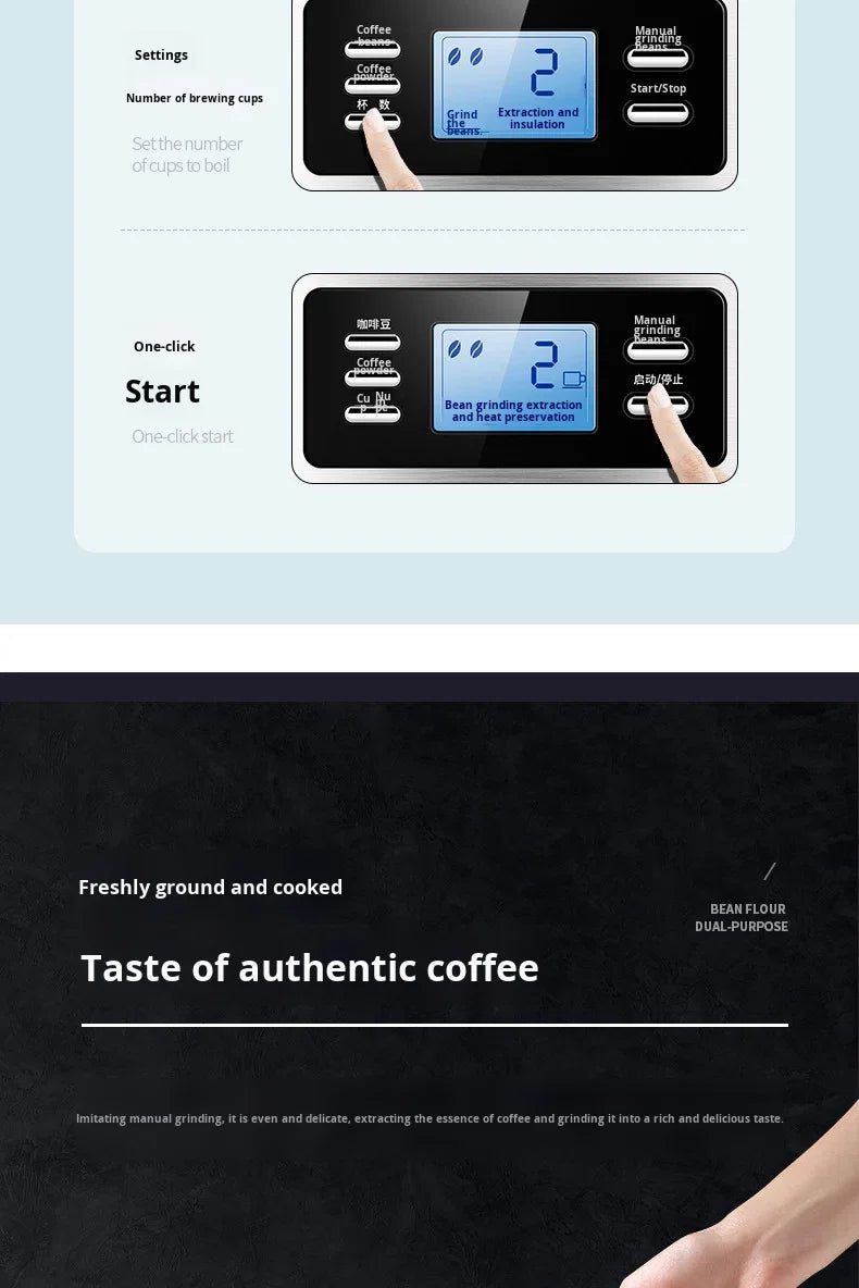 Machine à café automatique en acier inoxydable avec broyeur intégré, style américain, compact, idéal pour la cuisine, le bureau ou l'hôtel.