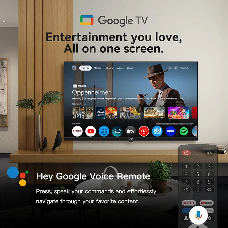 Téléviseur intelligent LED VSTI 43 pouces avec Google et Wi-Fi, 4K Ultra HD, disponible en plusieurs tailles : 32, 43, 50, 65 et 75 pouces.