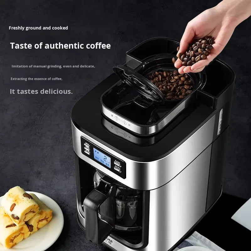 Machine à café automatique en acier inoxydable avec broyeur intégré, style américain, compact, idéal pour la cuisine, le bureau ou l'hôtel.
