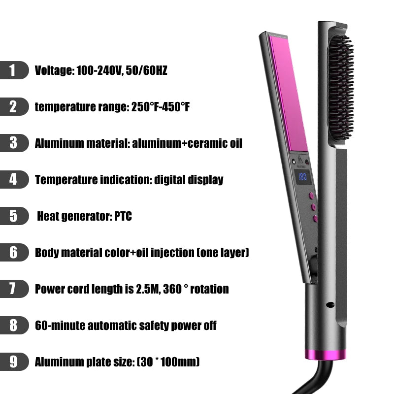 Brosse Soufflante Air Chaud LCD | Peigne Électrique Ions Négatifs, Lissage, Boucles et Volume Portable