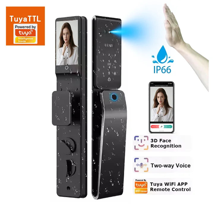 Serrure connectée Tuya entièrement automatique de haute qualité avec reconnaissance faciale et palmaire, étanche, pour mortaise 6068/85.