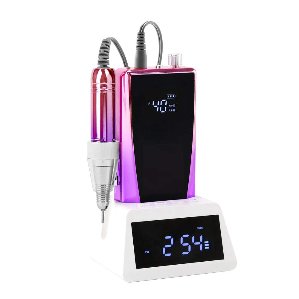Kit de ponceuse à ongles électrique 45 W à balais de carbone, faible vibration, 40 000 tr/min, avec batterie externe et station de base horloge.