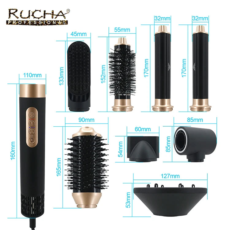 RUCHA 8 en 1 : Appareil de coiffure ionique, sèche-cheveux, lisseur, boucleur, brosse à air chaud, outils de coiffage multi-stylers