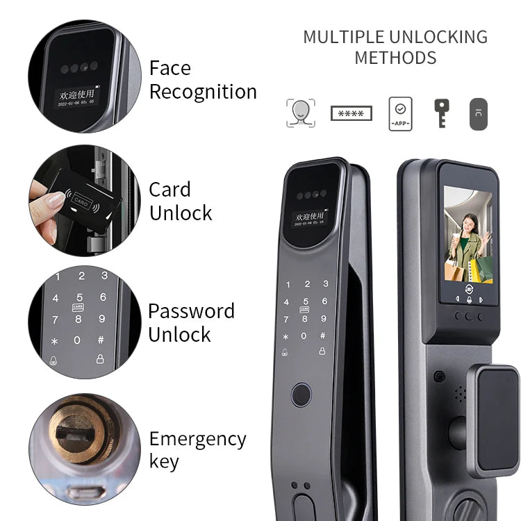 Serrure de porte sans clé 3D Tuya avec reconnaissance faciale, mot de passe et empreinte numérique, caméra et sonnette électronique.