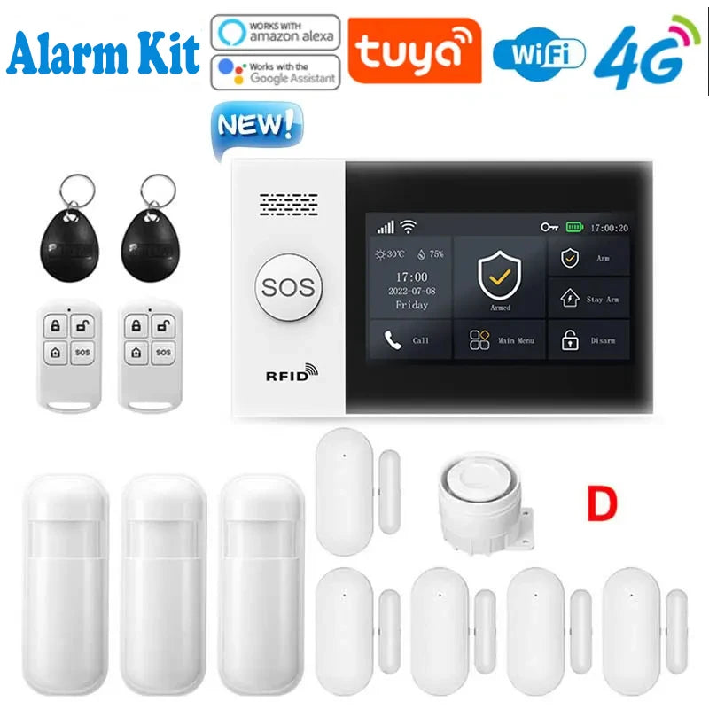 Système d'alarme de sécurité pour maison connectée Tuya, compatible GSM avec écran tactile, 4G, Wi-Fi et 433 MHz, matériau ABS, contrôlable via Alexa et l'application Smart Life.