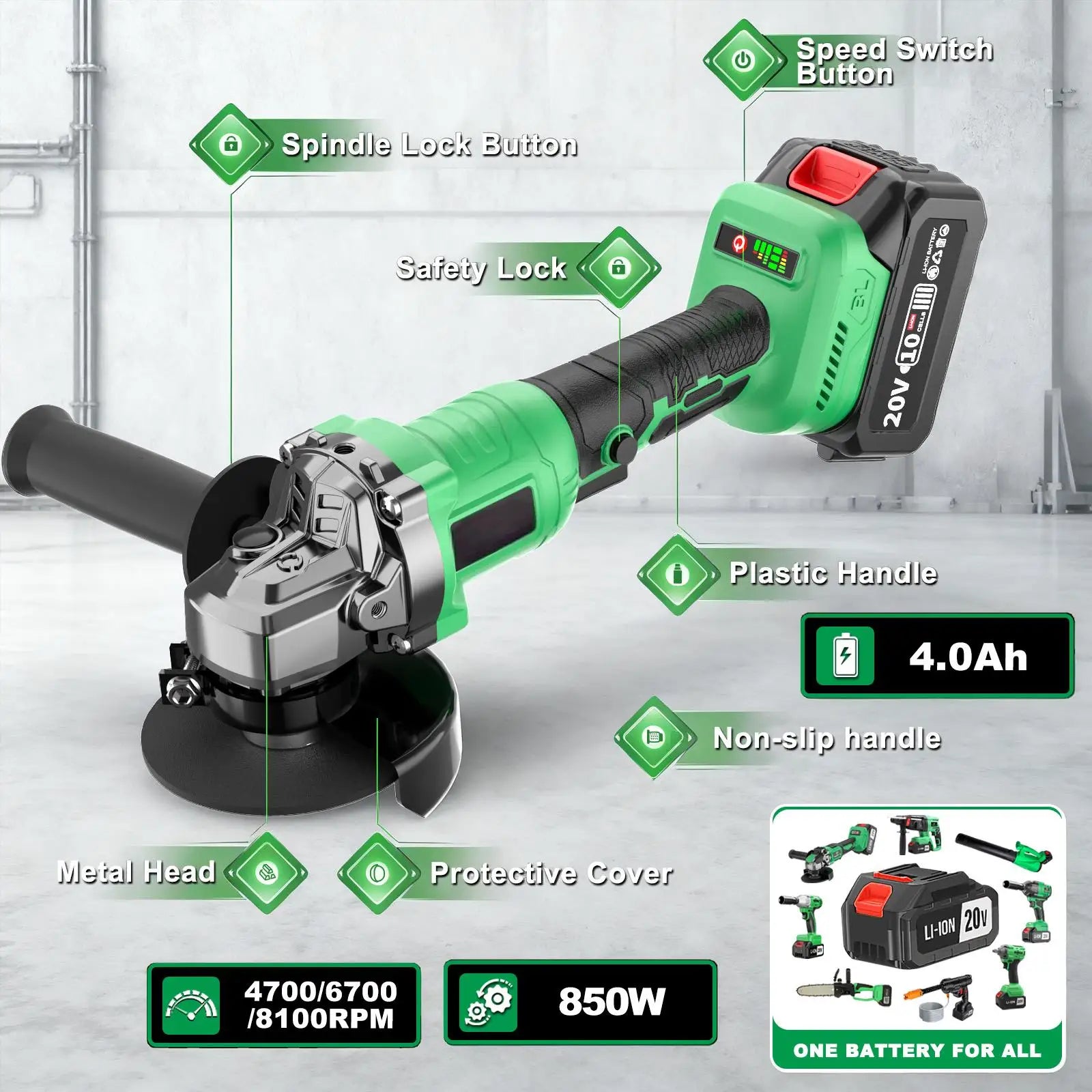 Meuleuse d'angle sans fil 20 V sans balais, 8 100 tr/min, usage industriel, avec disque à meuler.