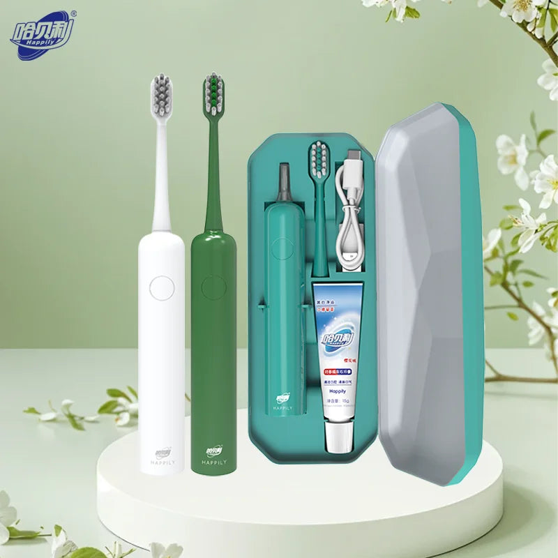 Brosse à dents vibrante Happily, IPX7, charge Type-C, autonomie 90 jours, 3 modes, blanchiment