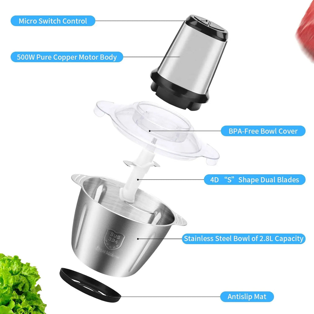 Mini robot culinaire et hachoir à viande électrique en acier inoxydable de 2,5 L avec fonctions de hachage et de broyage, grande capacité.
