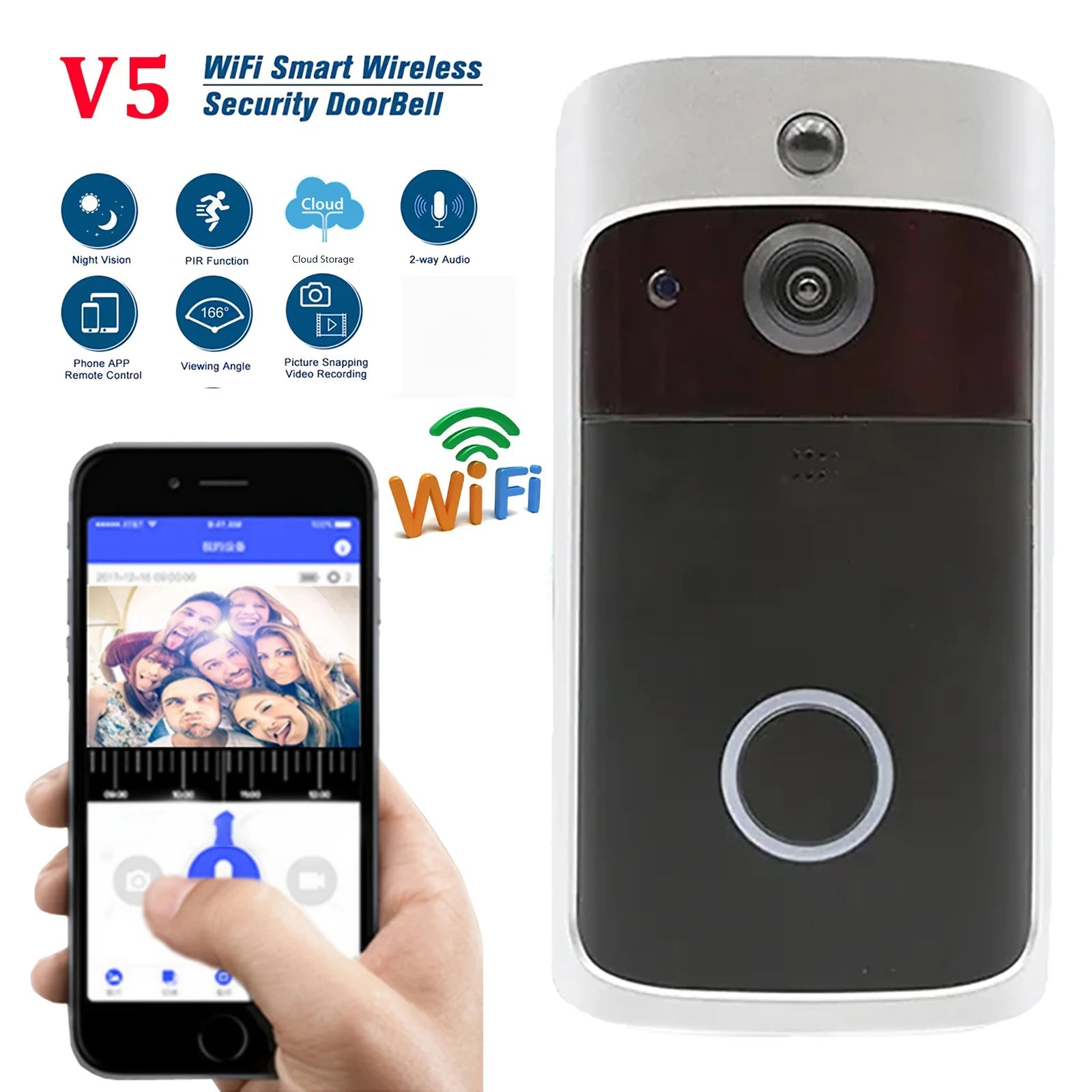 Sonnette vidéo sans fil V5 Smart Home Wifi avec caméra HD