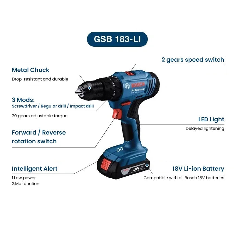 Perceuse-visseuse sans fil Bosch GSB 183-LI, 18 V, moteur sans balais, couple 56 Nm, mandrin 13 mm