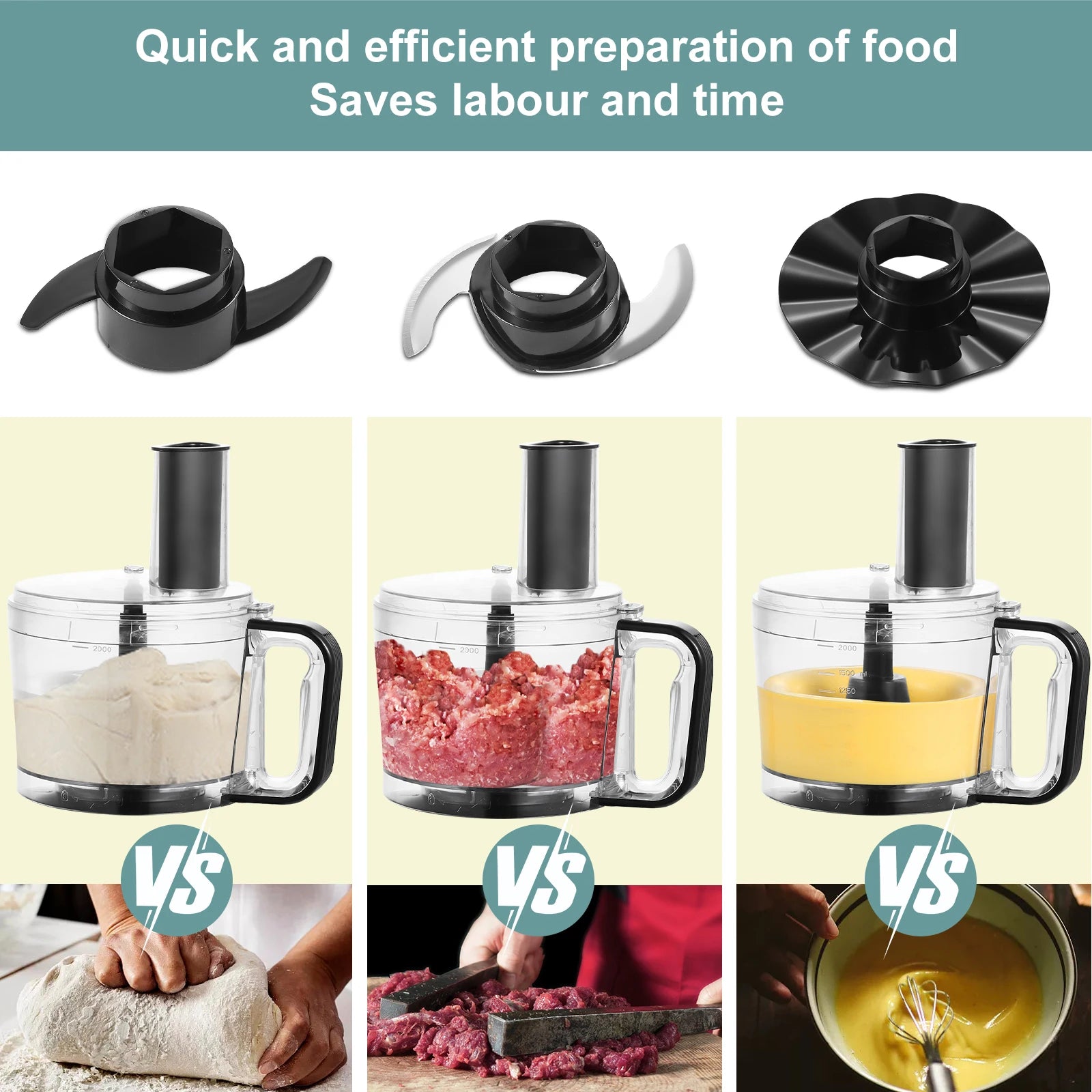 Robot culinaire multifonction 6 en 1 : hacher, trancher, râper et pétrir la pâte.