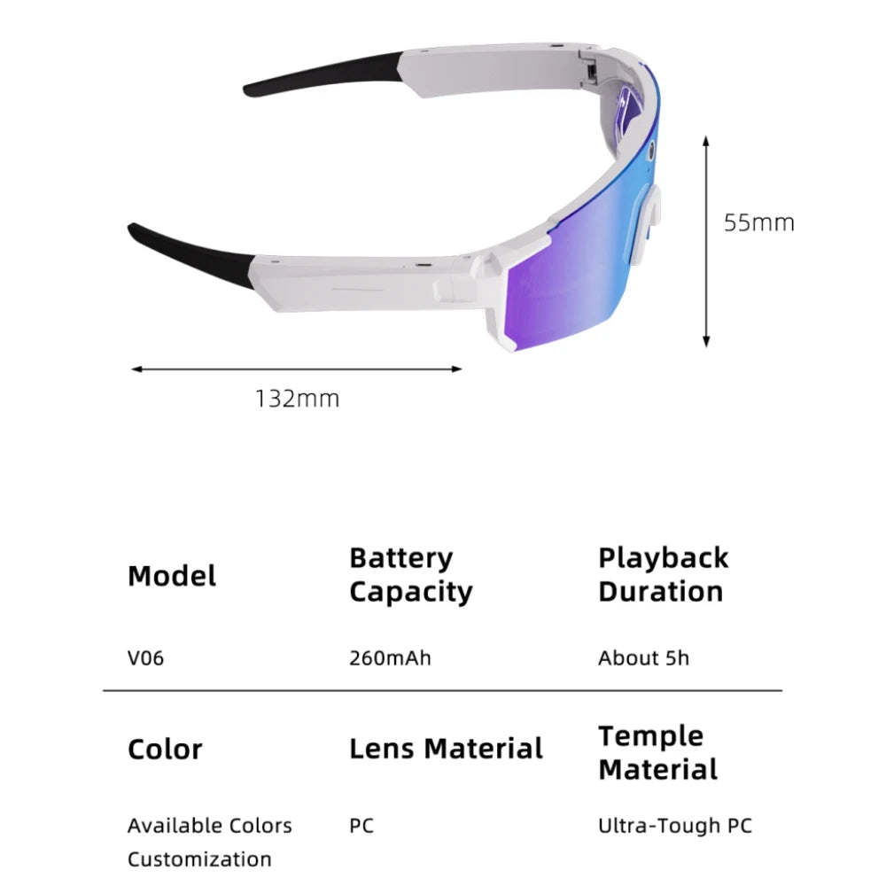 Lunettes Audio V06 – Caméra 2K, Assistant IA, Bluetooth, 4Go & IP65 | Sport